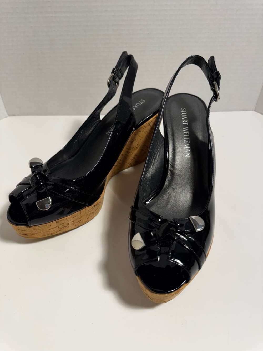 Stuart Weitzman Black Patent Cork Wedge Slingback Peep-Toe Heels